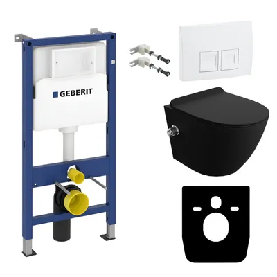 Produktbild von DOMINO Geberit Duofix Basic Vorwandelement + Wand-WC Tiefspül Salto Becken Schwarz Spülrandlos + Bedienplatte Delta 25 für Doppelspülung | Komplettset