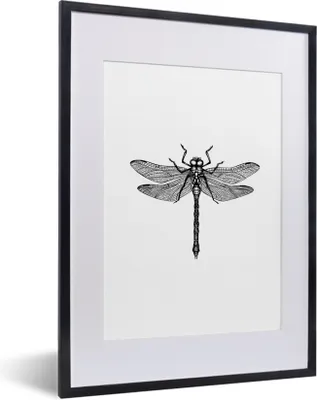 Produktbild von MuchoWow® Gerahmtes Poster Libelle - Insekten - Retro - Schwarz und weiß 30x40 cm - Poster mit Schwarzem Bilderrahmen Wandposter Rahmen Foto Bilder - Wandposter Schlafzimmer