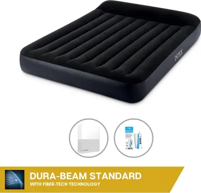 Produktbild von Intex Luftbett - 2 Personen - 152 x 203 x 25 cm - Schwarz - Mit eingebauter Pumpe + Spannbettlaken Weiß + Reperaturset