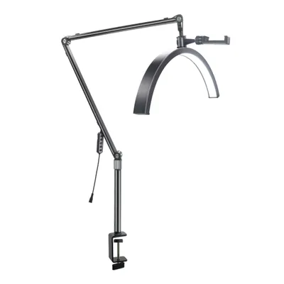 Produktbild von 37 W Desktop-LED-Videoleuchte, halbmondfoermiges Fuelllicht, zweifarbiges Licht, 3200 KšC5600 K, dimmbar, 10-stufige Helligkeit, einstellbar mit Fernbedienung, C-Klemme, Tischmontage, Metallstaender fuer Vlogging, Schoenheitssalon, Make-up, Live-Streaming, Nachttischlampe