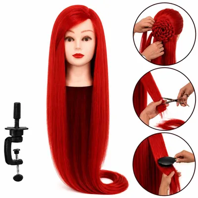 Produktbild von Frisierkopf Iza 80 cm Rot mit Thermohaar, inkl. Tischhalterung - Übungskopf für Friseurtraining