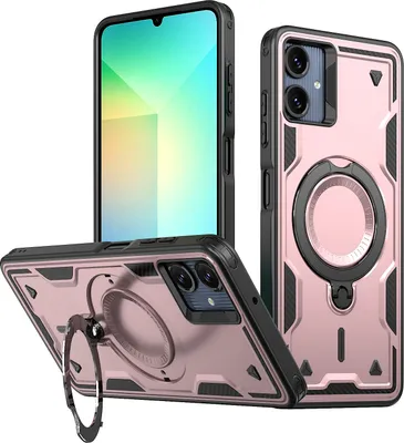 Produktbild von Dual Layer Hülle für Samsung Galaxy A06 Metall Ring Ständer Magnetisch Stoßfest Militär Handyhülle Roségold