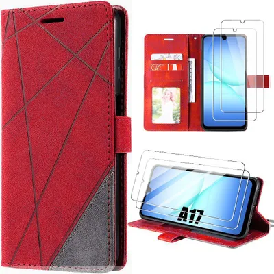 Image de Coque + 2 Verres Trempés pour Samsung Galaxy A17 4G/5G, Antichoc Protection 360° Effet Cuir Rouge