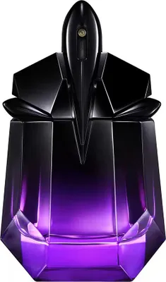 A perfume bottle with a unique, angular design.