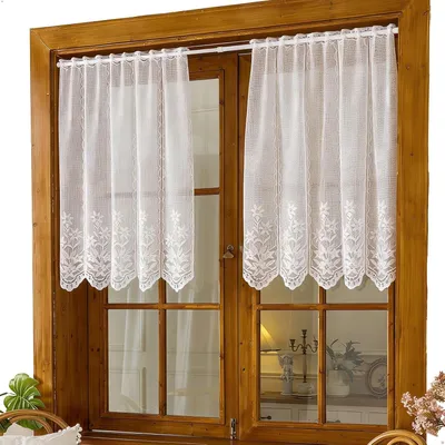 Image de Rideaux de cuisine - Rideaux de fenêtre - Semi-transparents - Courts - Motifs floraux - Dentelle - Polyester - Œillets pour tringle - Pour cuisine - Café - Blanc