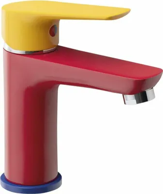 A close-up studio shot of a colorful faucet.