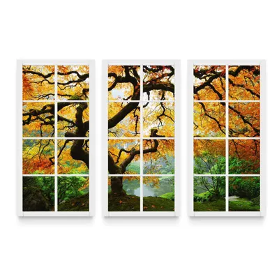 Produktbild von Startonight Obrazy Javorové okno, Obrazy na plátně Moderní umění, Zarámované stromy Velká sada 3 dílů 120 x 180 cm, Obraz Den Noc