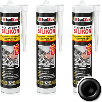 Three tubes of black high-temperature silicone sealant are displayed against a white background, with a close-up of the sealant nozzle at the bottom right.
