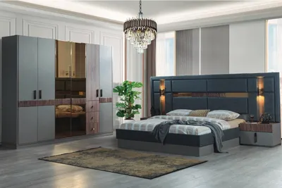 Produktbild von Graues Schlafzimmer Komplettes Set Bett 2x Nachttische Kleiderschrank