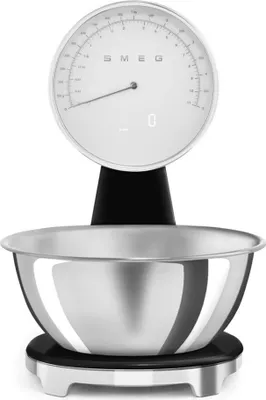 A kitchen scale with a stainless steel bowl.