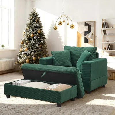 Produktbild von Chaiselongue mit Fussablage, Stauraum, 3 Kissen, Lounge-Sofa, 107 x 74 x 57 cm, Smaragdgruen
