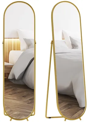Productafbeelding van Staand spiegel, ovaalvormig, metalen frame, 50x180 cm, goudkleurig