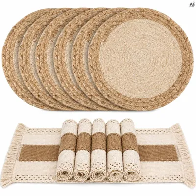 Tischsets Boho 12er Set - geflochten aus Jute und Baumwolle, natürliche Platzsets