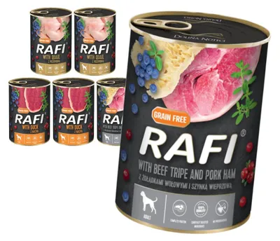 Produktbild von Rafi 6x400g Getreidefreies Nassfutter für Hunde Wachtel Ente Rindermagen mit Schinken