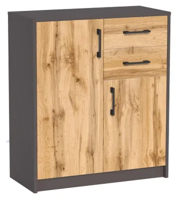 Produktbild von Kommode mit 2 Schubladen und 2 Türen in matter Ausführung, Kommode 74cm breit Holz Schrank Sideboard Highboard Kommode mit Schubladen Graphit-Eiche