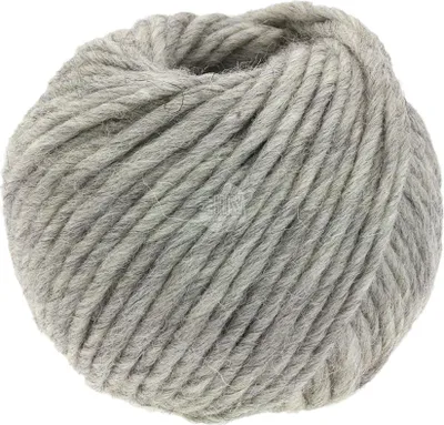A ball of gray, mottled yarn.