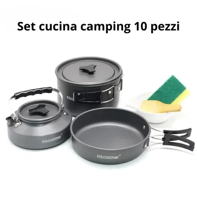 Immagine prodotto di Set Cucina da Campeggio 10 Pezzi – Pentole Outdoor con Bollitore e Padella, Set Pentole in Alluminio Leggero per Camping, Trekking e Picnic