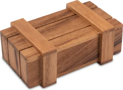 A wooden puzzle box is shown on a white background.