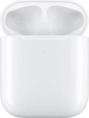 A white charging case for Apple AirPods is shown against a white background.
