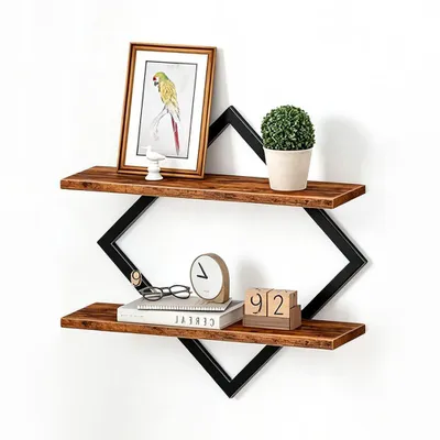 Produktbild von Wandregal Generisch, Rautenförmiges Schweberegal mit 2 Ebenen, Holz & Metall 1-tlg., Hängeregale für Wohnzimmer, Schlafzimmer, Küche, Braun