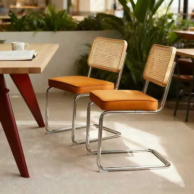 Produktbild von 2er Set Samt-Rattan Essstühle Chrombeine Mid-Century Design Wohnküche Orange