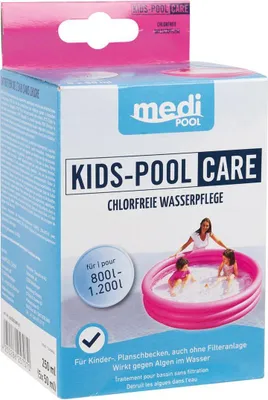 A box of mediPOOL Kids-Pool Care with a depiction of children playing in a pool.