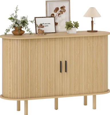 Produktbild von Buffet mit drehbaren Schiebetš¹ren, 4 F?chern und Holzbeinen, 120 x 40 x 78 cm, Eiche