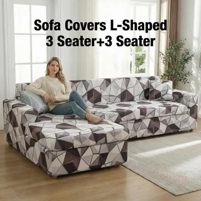Produktbild von Sofa Überzug Couch Überzug 2er Set für Ecksofa L-Form Sofabezug 3 Sitzer+3 Sitzer, Universal Stretch Antirutsch Sofabezug, Grau Geometriearz