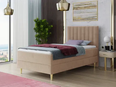 Produktbild von Boxspringbett Gold Mini mit Bettkasten, Bonell-Matratze und Topper - Einzelbett mit Matratzentopper, Polsterbett, Bett, Schlafzimmer, Jugendzimmer, Velours Stoff (Beige (Manila 02), 120 x 200 cm)