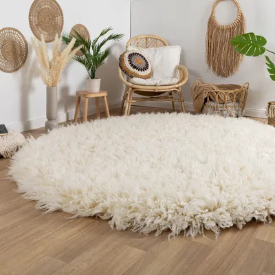 Produktbild von Steffensmeier Flokati Teppich Flokati 4000 | Wolle, Natur, Größe: Ø 110 cm Rund, Original aus Griechenland, Wohnzimmerteppich, Schlafzimmerteppich