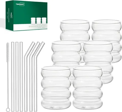 Image de Verres à boire cannelés 350ml Lot de 6 verres à cocktail Verres à eau ondulés Verres à boissons Verres à jus avec pailles en verre et brosses