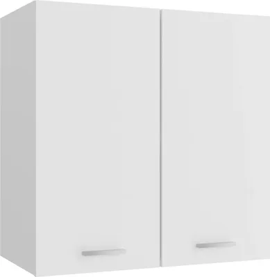 A white wall cabinet with two doors and silver handles.