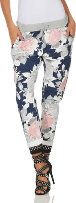 Produktbild von 287 Mississhop Damen Hose Cargohose Blumen Sweatpants Jogginghose Baumwolle Freizeithose Boyfriend  Model 2 (Blau rosa-weiß Blumen)