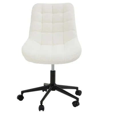 Produktbild von Drehstuhl VASILO mit Bouclé Stoffbezug, Weiß - Schreibtischstuhl höhenverstellbar, bequem gepolstert mit Teddy Stoffbezug Metallgestell mit 5 Doppelrollen Schminkstuhl für Schlafzimmer oder Homeoffice