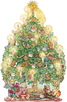 Produktbild von Adventskalender O Tannenbaum, formgestanzt, mit Briefchen, Geschenkkärtchen und Glimmer