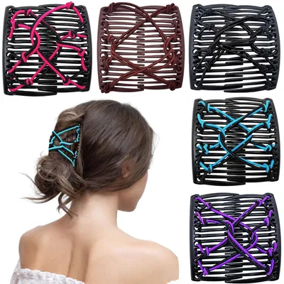 Image de Peigne magique 5 pièces, peigne double extensible, barrettes élastiques et réglables pour femmes et filles, coiffure vintage, accessoires de coiffure multifonctionnels (noir, marron, violet, rose, bleu)