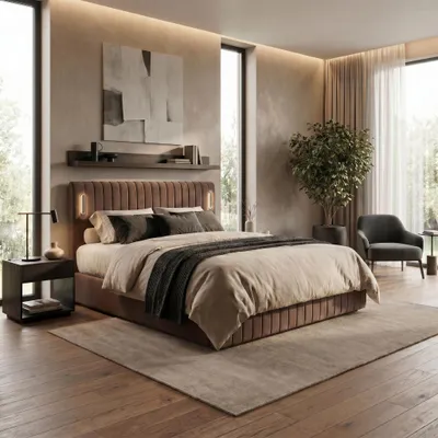 Produktbild von ELVORA DESIGNE Boxspringbett 140x200 cm FLOW mit 2 Bonellmatratzen H3 & Topper, Bettkasten, Braun, KI-generiertes Bild