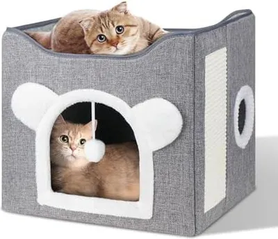 Produktbild von Katzenbetten für Indoor Katzen, Faltbares Katzenhaus, Katzenhöhle 2 Schicht Würfel Großer Raum Katzenbett mit Kratzbrett und Spielball, 15.8 x 15.8 x 15inches