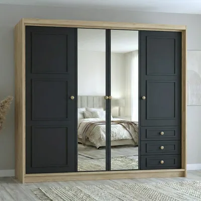 Produktbild von Geräumiger viertüriger Kleiderschrank OSLO mit Schubladen und Metallgriffen – modernes Design Farbe: Sonoma , Schwarz