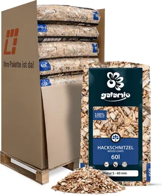 A pallet of bagged wood chips is shown, with one bag prominently displayed in the foreground.