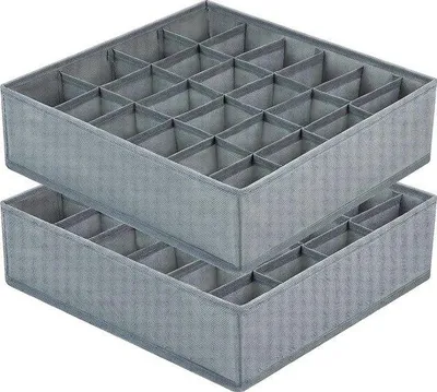 Zdjęcie produktu dla Zestaw 2 organizerów do skarpet i bielizny, składanych, z 24 przegródkami, możliwość układania w stos, wykonane z wytrzymałego materiału filcowego, kolor szary, wymiary 33x33x10 cm