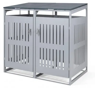 Produktbild von KOMFOTTEU Mülltonnenbox 2er 240L, Verzinkter Stahl, Outdoor Mülltonnenverkleidung mit Stoßdämpfern, Gasdruckfeder & abschließbarer Tür, Mülltonnecontainer für Hinterhof (Warmgrau)