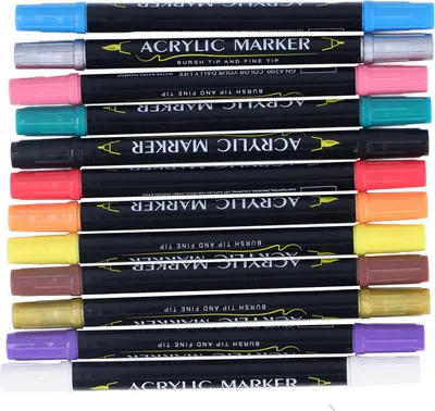 Immagine prodotto di 12 pennarelli acrilici, doppia punta, asciugatura rapida, alta coprenza, resistenti all'acqua, 12 colori