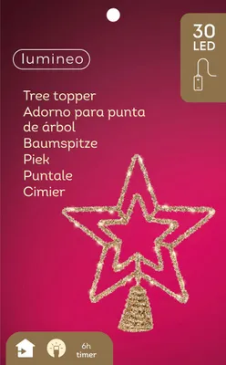 Produktbild von LED Christbaumspitze Stern mit Timer 28cm Metall Gold / Warmweiß
