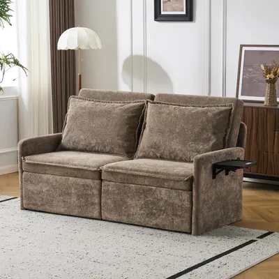 Produktbild von Schlafsofa mit Kissen und USB-Anschluss, 5-fach verstellbarer Rückenlehne, klappbares Schlafsofa mit Stauraum, braun