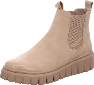 A single beige Chelsea boot with a platform sole is shown against a white background.
