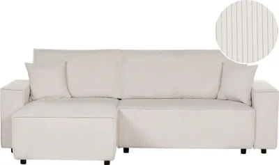 Produktbild von BELIANI 2-Sitzer Ecksofa Cremeweiß Stoffbezug Cord mit Chaiselongue Rechts Schlaffunktion Dekokissen L-Form Modern Schlafsofa Wohnzimmer Sitzmöbel