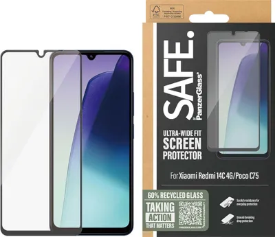 Obrázek produktu pro PanzerGlass SAFE. by ® Screen Protector Xiaomi 14C 4G | Poco C75 | Ultra-Wide Fit, Xiaomi, Xiaomi - Redmi 14C 4G, Xiaomi - Poco C75, Aplikace nasucho, Odolné proti poškrábání, Odolný proti nárazům, Průhledná, 1 kusů