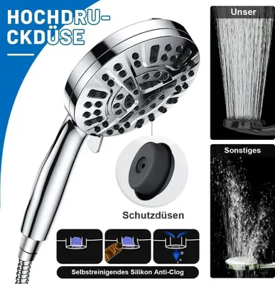 A collage showcasing a chrome shower head with various features and water spray patterns.