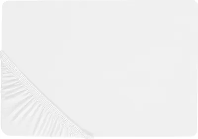 A white fitted sheet is shown from a top-down perspective, with the elasticized edge visible in the bottom left corner.